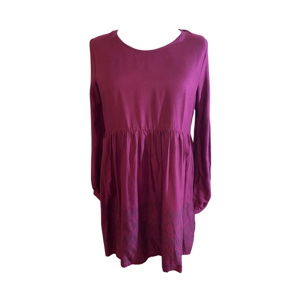 Roxy Womens XL Burgundy Long Sleeve Babydoll Dress Geometric Hem Keyhole Back